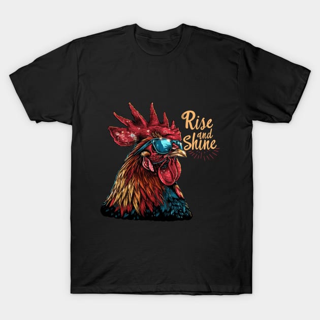 Rise and Shine - Rooster (with Gold Lettering) T-Shirt by VelvetRoom